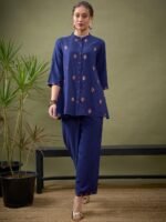 Blue Embroidered Shirt With Palazzos Co-Ords