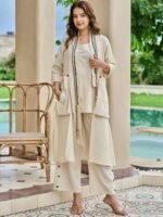 Embellished Round Neck Tunic & Trousers With Shrug Co-Ords