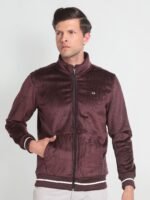 Striped Mock Collar Long Sleeve Zip Detail Bomber Jacket