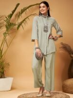 Taupe Embroidered Tunic With Palazzos