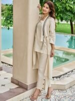 Embellished Round Neck Tunic & Trousers With Shrug Co-Ords - Image 3