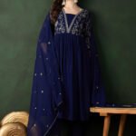 Navy Blue Ethnic Motifs Embroidered A-Line Kurta With Trouser & Dupatta