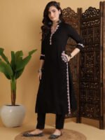 Embroidered Calf Length V-Neck Three-Quarter Sleeve Straight Kurta - Image 2