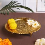 Brass Gold-Plated Puja Thali Set with Elephant Design Legs - Image 2